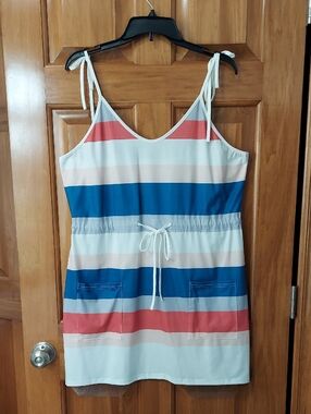 Boho Sleeveless Striped Midi Dress with Tie Waist in Blue, Coral, White, Size XL